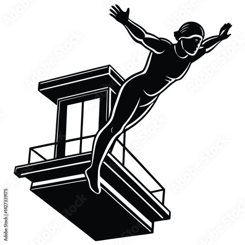 High Dive Art: Black & White Illustration of a Diver Leaping from a Platform - Sports, Recreation, Artistic Design, Vector Graphic