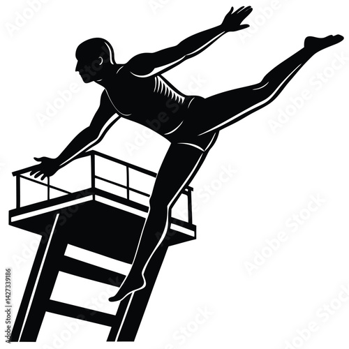 Silhouette Illustration of a Diver Leaping from a High Dive Platform - Sports, Recreation, Artistic Design