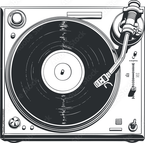 A detailed illustration of a classic turntable with a vinyl record ready to play.