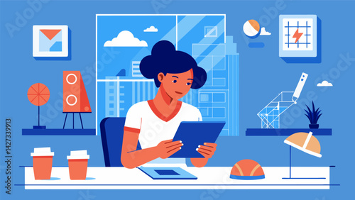 Surrounded by blueprints and paperwork a project manager sits in her office using a tablet to view and manipulate a 3D model of a new sports complex.. Vector illustration