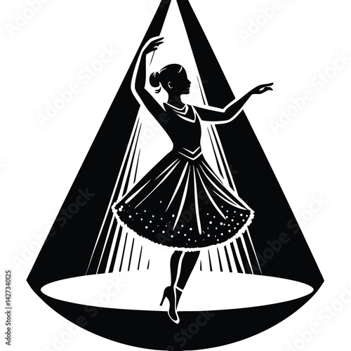 Ballerina Silhouette in Spotlight: Elegant Dancer in Black and White, Stage Performance Art, Dance Illustration, Theatrical Design