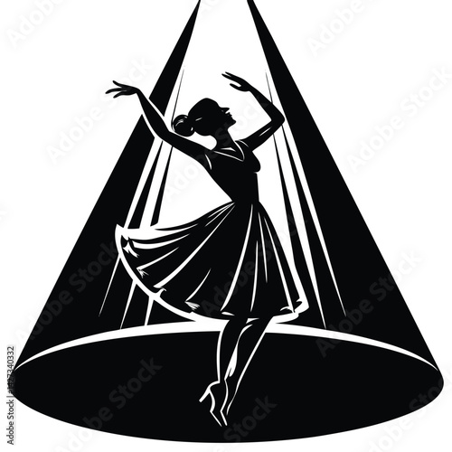 Silhouette of a Graceful Dancer in Spotlight, Vector Illustration of a Woman Performing on Stage, Theatrical Performance Art