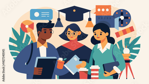 A group of recent graduates joining forces to create a documentary showcasing the struggles of dealing with student loan debt and pushing for policy. Vector illustration