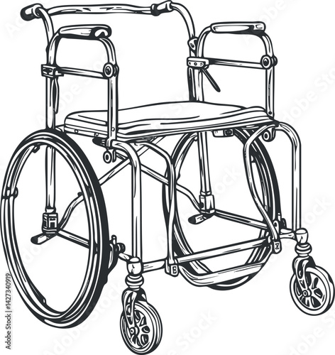 Illustration of a manual wheelchair designed for mobility and accessibility for users.