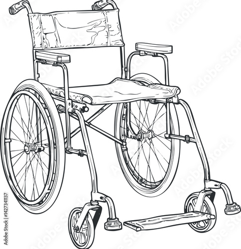 A detailed illustration of a manual wheelchair designed for mobility assistance and healthcare.
