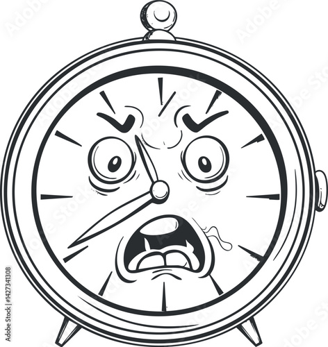 A cartoonish alarm clock with a frustrated and panicked facial expression.