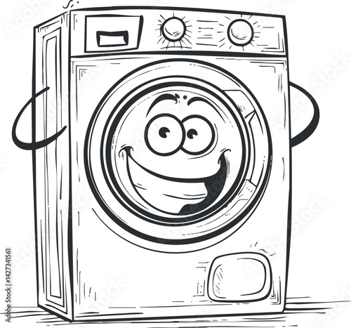 A cheerful cartoon washing machine character with a smiling face and playful expression.