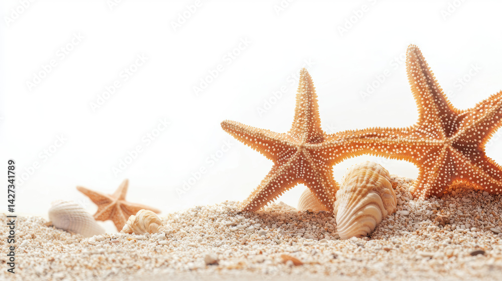 Two starfish and seas are scattered on the light brown sand, creating a simple beach scene with a bright and clean background for a summer theme. Two starfish and seas are scattered on the light brown sand, creating a simple beach scene with a bright and clean background for a summer theme.
