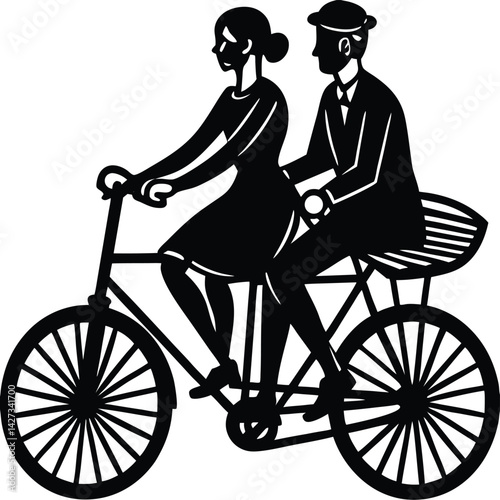 Tandem Bicycle Silhouette: Vintage Couple Riding Bike, Retro Black & White Illustration, Romantic Outing, Transportation, Vector Graphic
