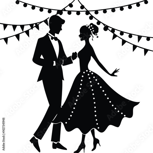 Silhouette of Elegant Couple Dancing at Prom: Formal Attire, Ballroom Dance, Party Celebration, Vintage Style Illustration