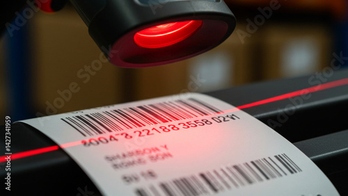 Macro of Barcode Scanner Reading Package Label
