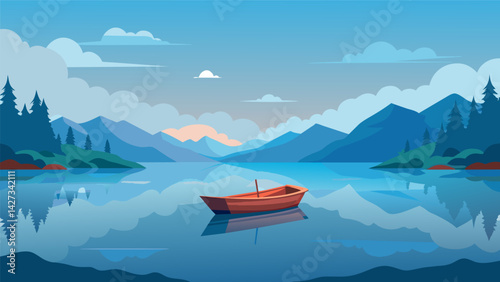 A lone boat drifting aimlessly on a calm lake mirroring the sense of surrender and letting go in a quiet mind.. Vector illustration