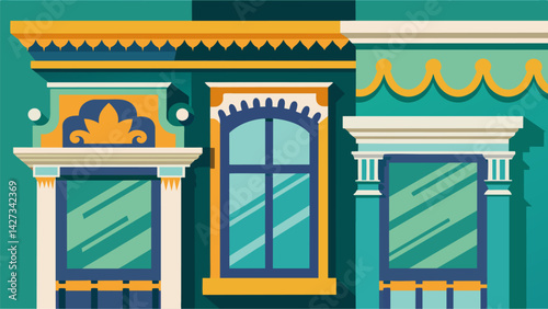 Sharp lines of decorative molding being painted onto the buildings window frames.. Vector illustration