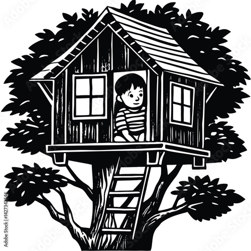Black and White Woodcut Illustration of a Boy in a Treehouse: Nostalgic Childhood Scene, Rustic Art, Tree House Adventure