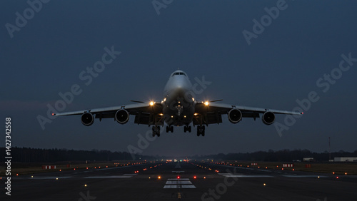 Cargo Plane Landing on Runway at Dusk
