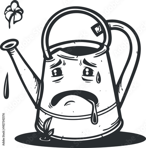 A sad cartoon watering can with a teardrop and a flower, expressing emotions in gardening.