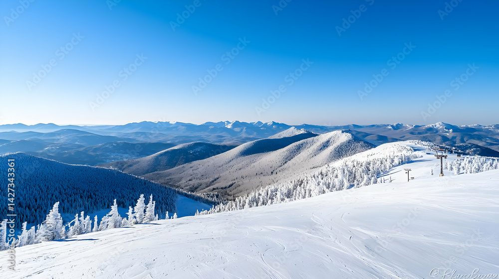 Fototapeta premium Snowy Mountain Peaks Panoramic View Winter Landscape