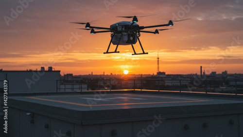 Cargo Drone Hovering Above a Rooftop Pad at Sunset
