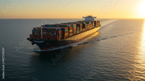 Efficient Cargo Ship at Sunset on Open Sea
