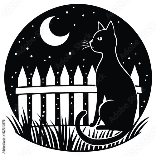 Black Cat Silhouette Art: Night Scene with Moon, Stars, and Picket Fence - Whimsical Feline Illustration for Halloween Decor & Crafts