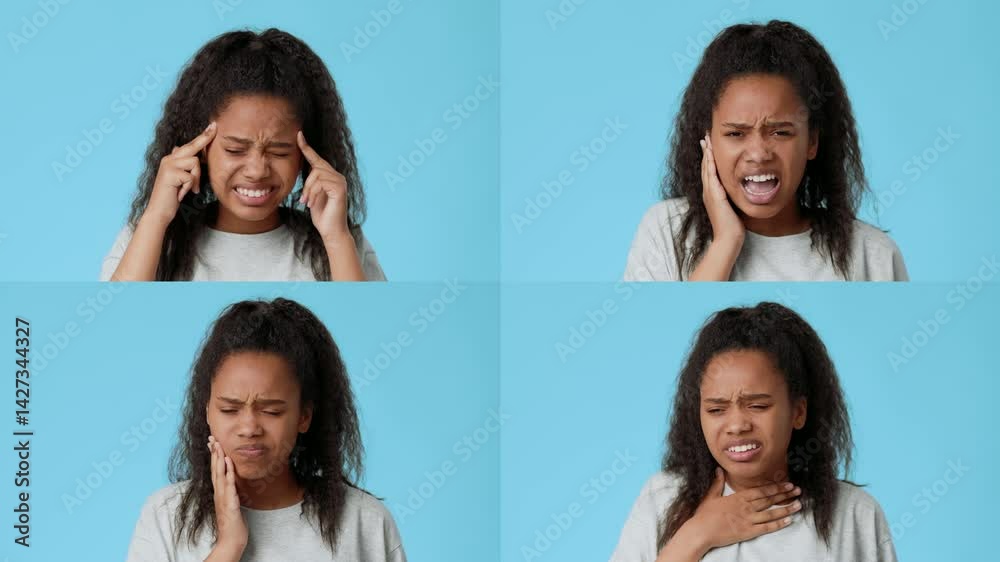 A young African American girl shows various emotions in a collage of four expressions. She appears thoughtful, concerned, and pained against a simple blue background. A young African American girl shows various emotions in a collage of four expressions. She appears thoughtful, concerned, and pained against a simple blue background.