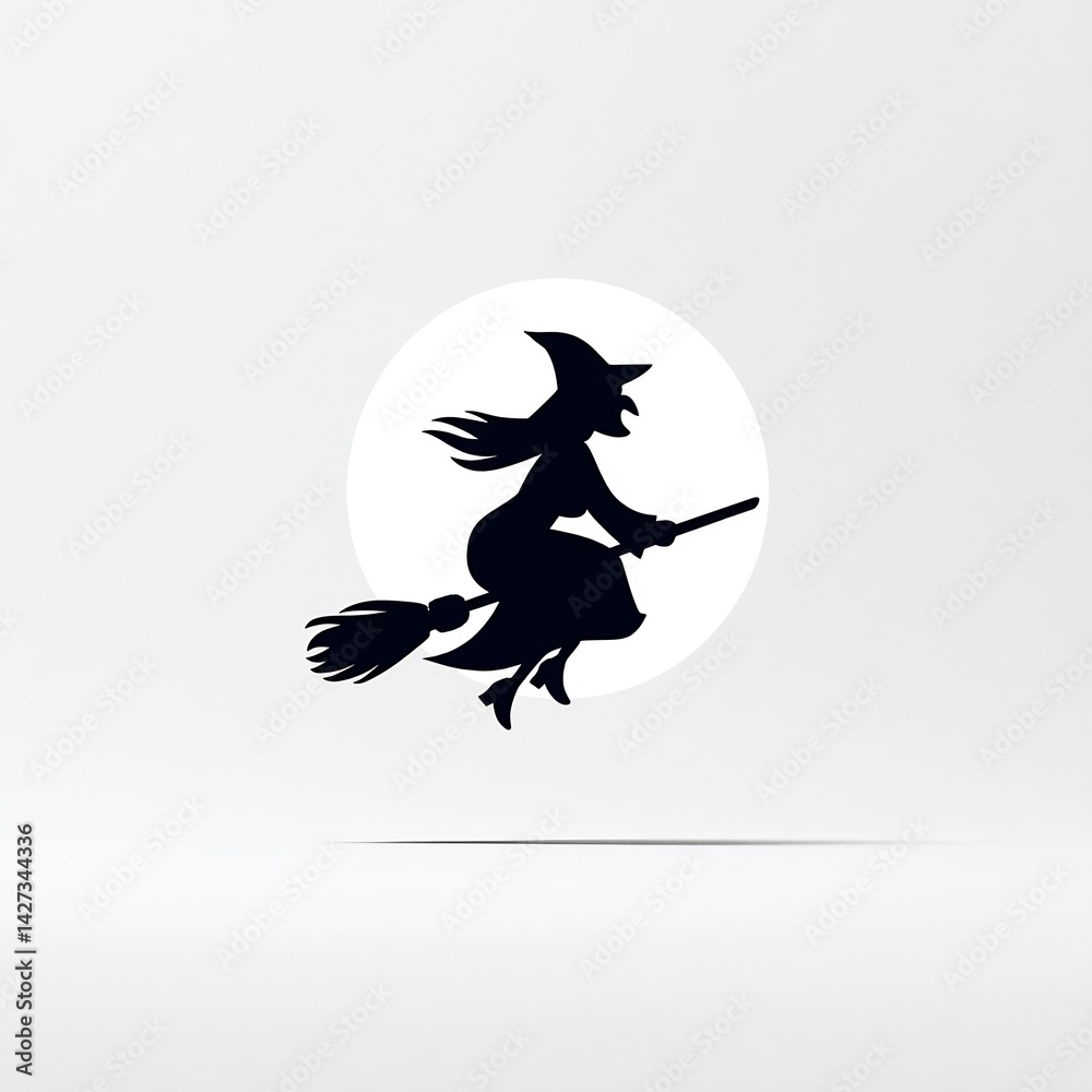 Fototapeta premium witch flying on broomstick under full moon illustration