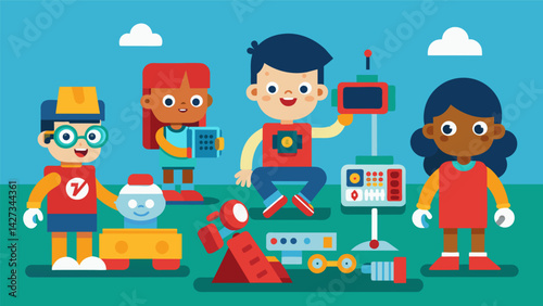 A miniature robot competition where kids could design and race their own robots using a variety of tech tools.. Vector illustration