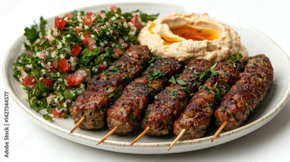 Lamb kofta with hummus, a drizzle of tahini sauce, and a side of tabbouleh Lamb kofta with hummus, a drizzle of tahini sauce, and a side of tabbouleh