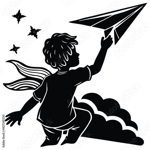 Silhouette of Boy with Paper Airplane on Cloud, Dreamy Child Art, Stars, Imagination, Vector Illustration, Childhood Dreams