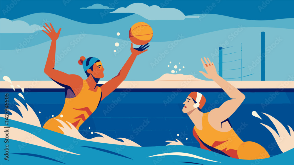 Fototapeta premium As tension rises and adrenaline pumps the frenzy of the water polo scramble reaches a fever pitch.. Vector illustration