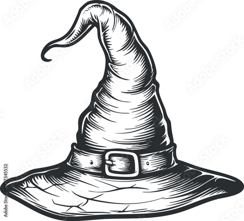 A vintage illustration of a pointed witch hat with a buckle, perfect for Halloween themes.