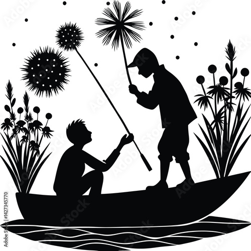 Silhouette Illustration: Two Boys in Boat with Dandelion Clocks, Black and White Art, Childhood Scene, Nature, Whimsical Design