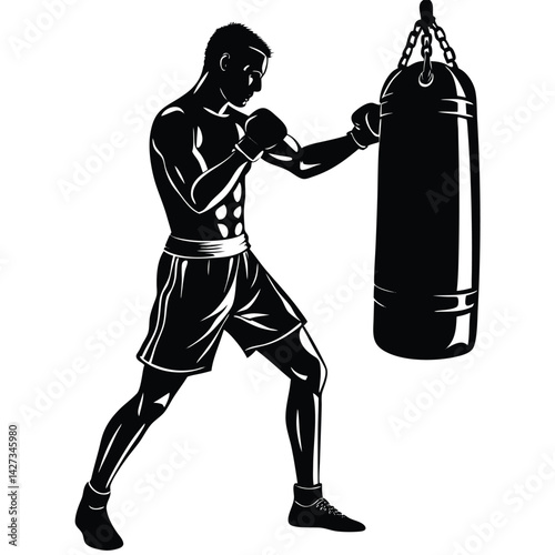 Boxer Training with Punching Bag Vector Illustration: Silhouette of Man Boxing, Fitness, Workout, Exercise, and Sports Graphic