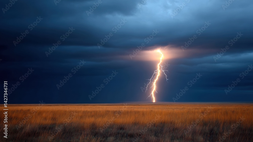 Obraz premium Dramatic lightning strikes over a vast landscape.