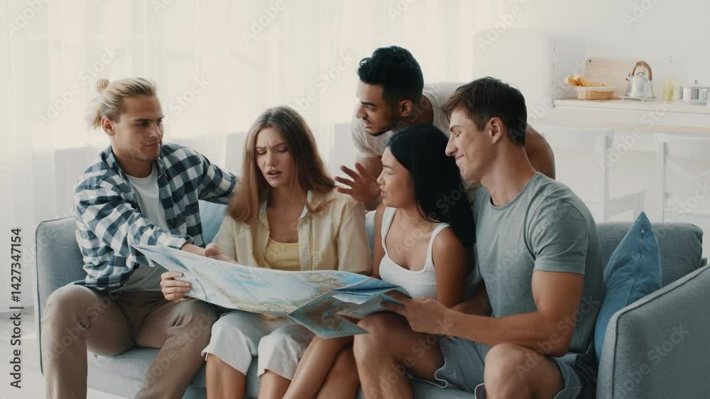 A group of five friends gathers in a bright, comfortable living room, excitedly discussing travel plans while looking at a map. Their expressions show joy and anticipation for future adventures. A group of five friends gathers in a bright, comfortable living room, excitedly discussing travel plans while looking at a map. Their expressions show joy and anticipation for future adventures.