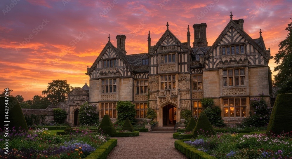 Naklejka premium Historic half-timbered mansion with garden at sunset