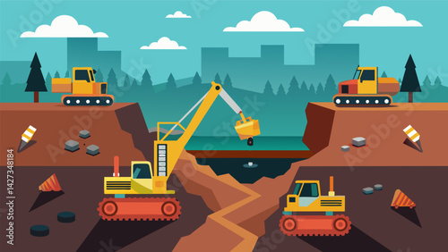 Excavation Massive machines dig deep into the ground creating a large hole for the foundation to be laid.. Vector illustration