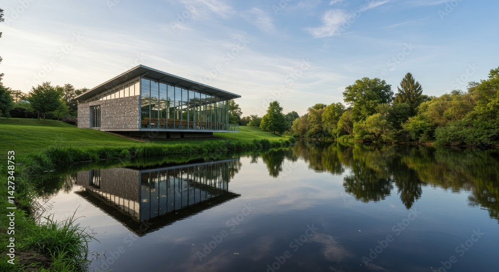 Obraz premium Modern glass pavilion with stone exterior beside a calm pond in a park