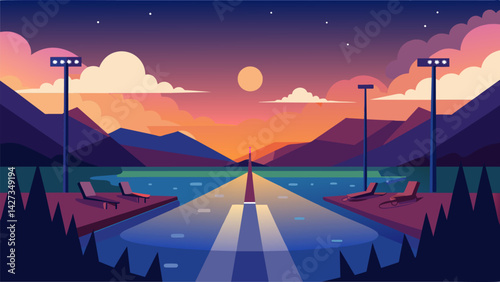 As the sun sets the stadium lights turn on illuminating the lake and adding a magical ambiance to the final rounds of the Canoe Polo Championship.. Vector illustration