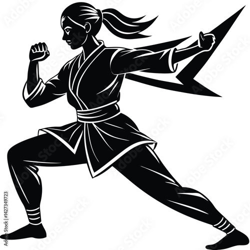 Martial Arts Woman Silhouette: Karate Girl in Fighting Stance with Lightning Bolt, Vector Illustration for Graphic Design & Sports Imagery