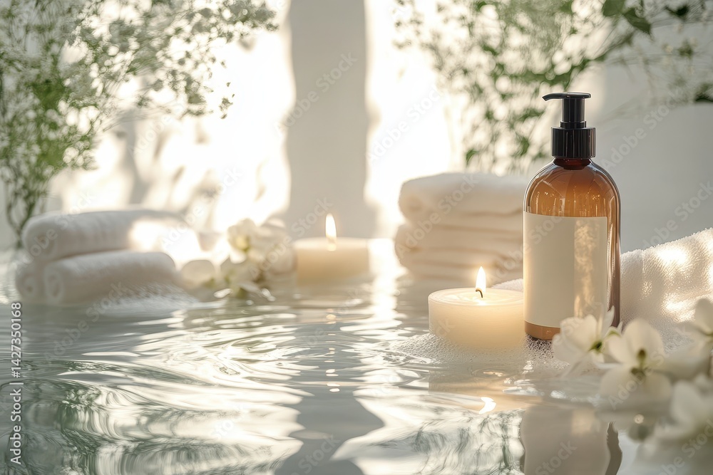 Relaxing spa setting with soft towels, soothing aromas, and tranquil water at a wellness retreat on a serene afternoon