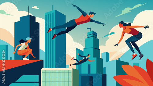 Amidst a bustling cityscape fearless athletes push the limits of their physical abilities as they exee jawdropping flips and spins while traversing. Vector illustration