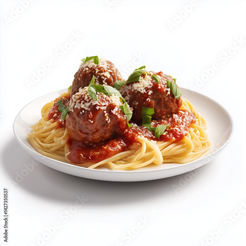 Spaghetti with marinara sauce and three large meatballs, garnished with basil and grated parmesan on white plate, Italian-American cuisine photo