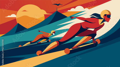 A stunning shot of a longboard race capturing the speed and intensity as riders hurtle down a mountain at top speed.. Vector illustration