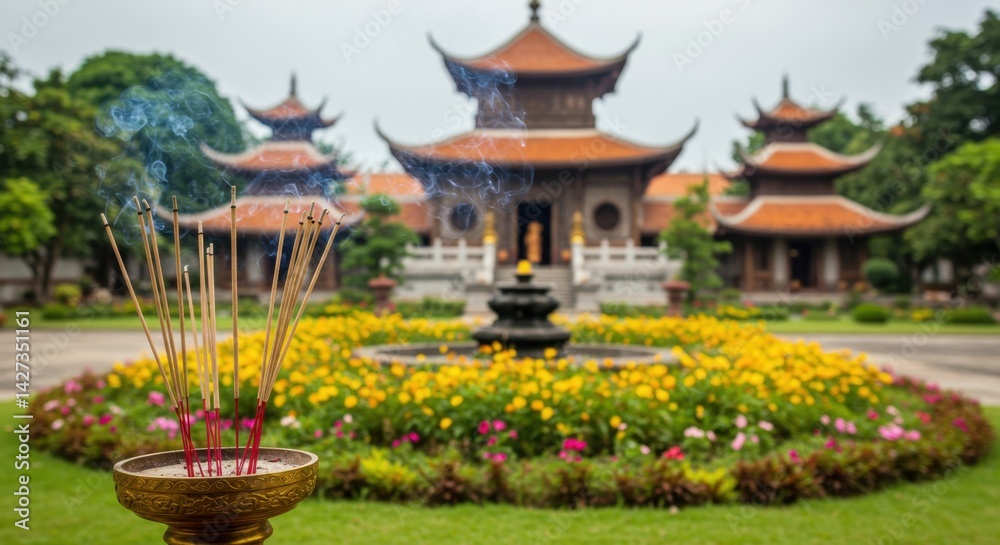 Fototapeta premium Serene Temple Courtyard with Incense Burning, Tranquil Asian Architecture and Lush Floral Gardens
