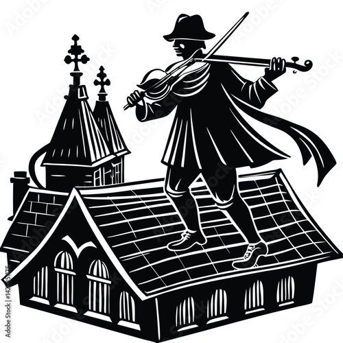 Fiddler on the Roof Illustration: Black and White Woodcut Style Image of Violinist on Building Top with Church Steeple