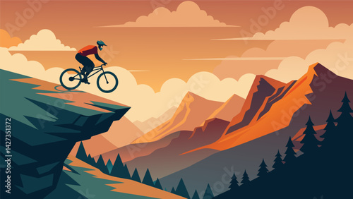 A mountain biker performing an impressive jump off a rocky ledge with a breathtaking valley spread out below them.. Vector illustration