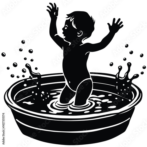 Baby Bath Time Joy: Black and White Vector Illustration of Child Splashing in Tub, Playful Water Fun, Simple Line Art Design