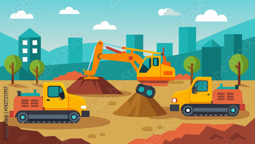 Heavyduty machinery such as bulldozers and excavators through the earth to prepare for the foundation.. Vector illustration