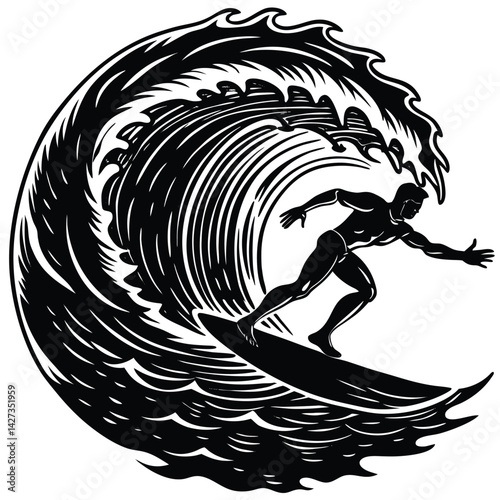 Surfer Riding a Barrel Wave Black and White Woodcut Illustration, Ocean Sports, Surfing Art, Vintage Style, Water Adventure, Graphic Design